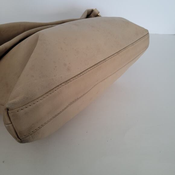 Tory Burch Geniue Leather Tan Beige Foldover Flap Shoulder Bag Purse Medium Fair - Picture 10 of 11